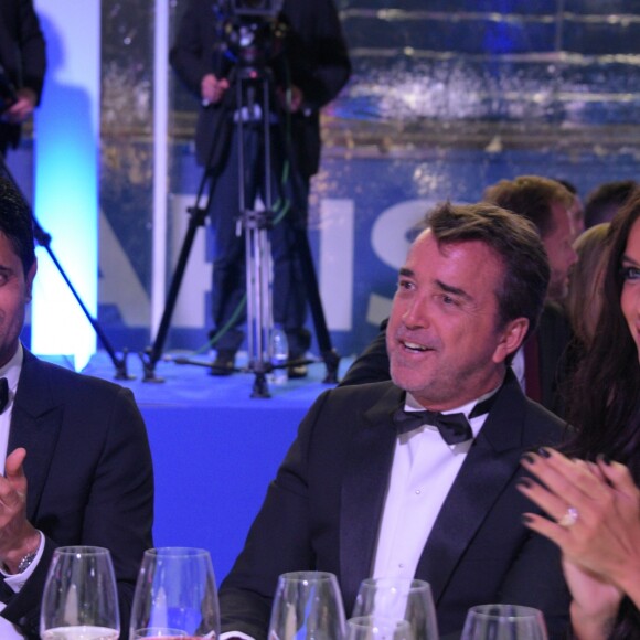 Exclusif - Nasser Al-Khelaifi, le président du Paris Saint-Germain (PSG), Arnaud Lagardère et sa femme Jade Foret - 5ème dîner de gala de la fondation Paris Saint-Germain au parc des Princes à Paris, France, le 15 mai 2018. © Rachid Bellak/Bestimage