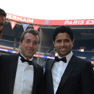 Exclusif - Jade Foret, son mari Arnaud Lagardère et Nasser Al-Khelaifi, le président du Paris Saint-Germain (PSG) - 5ème dîner de gala de la fondation Paris Saint-Germain au parc des Princes à Paris, France, le 15 mai 2018. © Rachid Bellak/Bestimage
