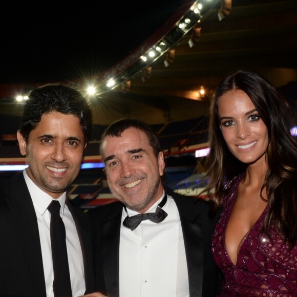 Exclusif - Le prince Nasser Al-Khelaïfi (président du PSG), Arnaud Lagardère et sa femme Jade - Dîner de gala au profit de la Fondation PSG au Parc des Princes à Paris le 16 mai 2017. © Rachid Bellak/Bestimage