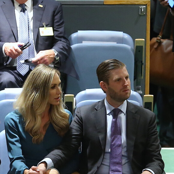 Lara Trump et Eric Trump en tribune lors de l'intervention du président Donald Trump pour la 73ème session de l'Assemblée générale à l'ONU à New York le 25 septembre 2018. © Morgan Dessalles / Bestimage