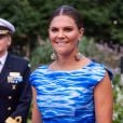 La princesse Victoria de Suède, vêtue d'une robe Maxjenny, lors de la cérémonie du Stockholm Junior Water Prize 2019 le 28 août 2019 à Stockholm.