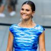 La princesse Victoria de Suède, vêtue d'une robe Maxjenny, lors de la cérémonie du Stockholm Junior Water Prize 2019 le 28 août 2019 à Stockholm.