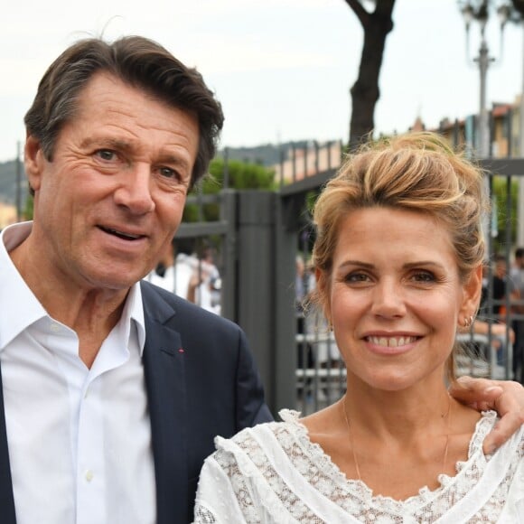 Christian Estrosi et sa femme Laura Tenoudji arrivant pour "Lou Festin Nissart", le grand banquet populaire organisé dans le jardin Albert 1er à Nice par l'association des Amis du Maire, le 30 août 2019. © Bruno Bebert / Bestimage