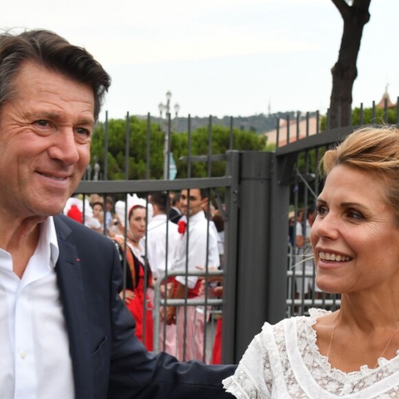 Christian Estrosi et sa femme Laura Tenoudji arrivant pour "Lou Festin Nissart", le grand banquet populaire organisé dans le jardin Albert 1er à Nice par l'association des Amis du Maire, le 30 août 2019. © Bruno Bebert / Bestimage