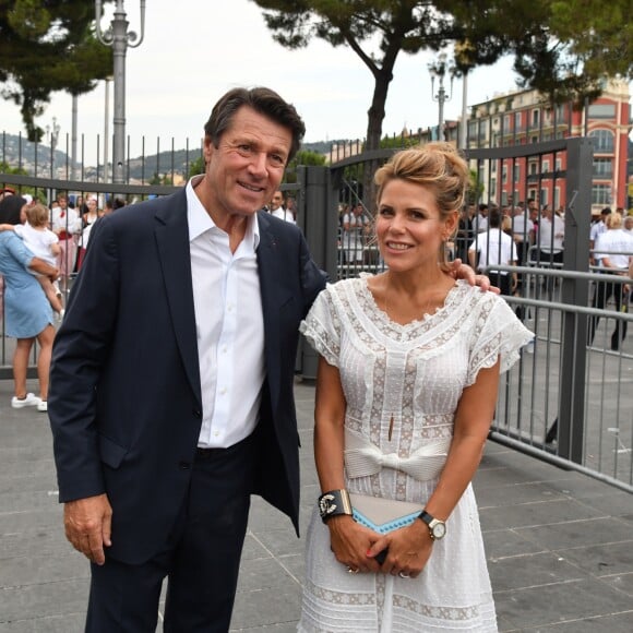 Christian Estrosi et sa femme Laura Tenoudji arrivant pour "Lou Festin Nissart", le grand banquet populaire organisé dans le jardin Albert 1er à Nice par l'association des Amis du Maire, le 30 août 2019. © Bruno Bebert / Bestimage