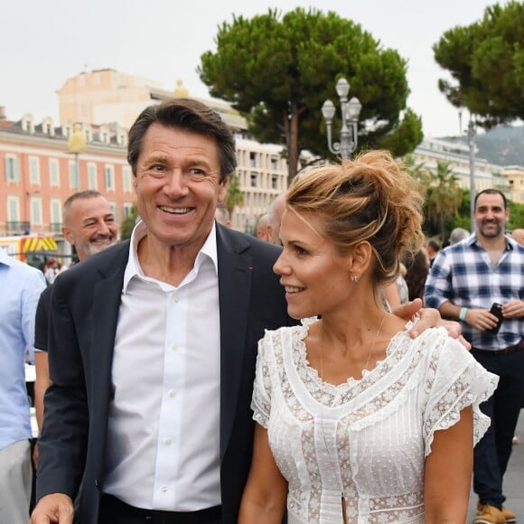 Christian Estrosi et Laura Tenoudji lors de "Lou Festin Nissart", le grand banquet populaire organisé dans le jardin Albert 1er à Nice par l'association des Amis du Maire, le 30 août 2019. © Bruno Bebert / Bestimage