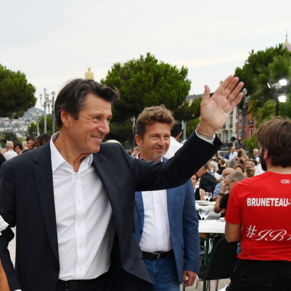 Christian Estrosi et sa femme Laura Tenoudji avec Renaud Muselier, président du conseil régional de la Région Sud, lors de "Lou Festin Nissart", le grand banquet populaire organisé dans le jardin Albert 1er à Nice par l'association des Amis du Maire, le 30 août 2019. © Bruno Bebert / Bestimage