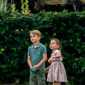 Le prince George et la princesse Charlotte de Cambridge jouant lors d'un match de polo disputé par le prince William à Wokinghan dans le Berkshire le 10 juillet 2019.