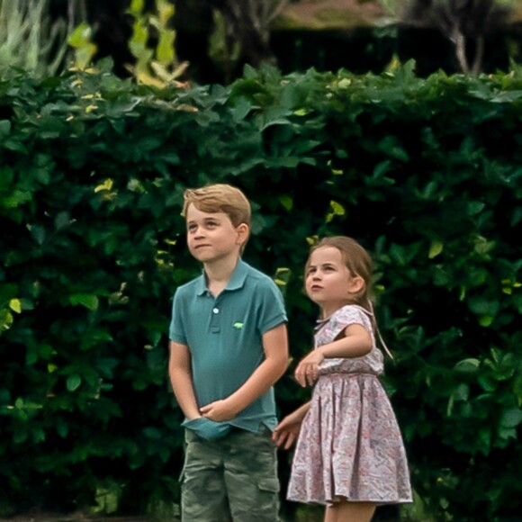 Le prince George et la princesse Charlotte de Cambridge jouant lors d'un match de polo disputé par le prince William à Wokinghan dans le Berkshire le 10 juillet 2019.