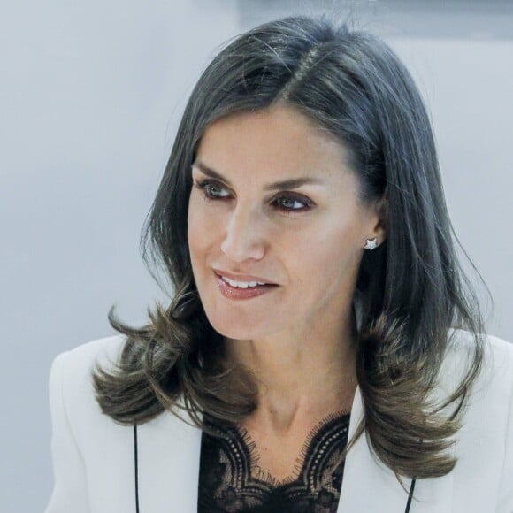 La reine Letizia d'Espagne lors d'une réunion de travail sur "l'intégration du handicap dans les médias" à la tour Ilunion à Madrid, le 10 septembre 2019.