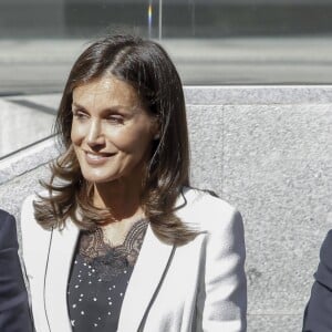 La reine Letizia d'Espagne lors d'une réunion de travail sur "l'intégration du handicap dans les médias" à la tour Ilunion à Madrid, le 10 septembre 2019.