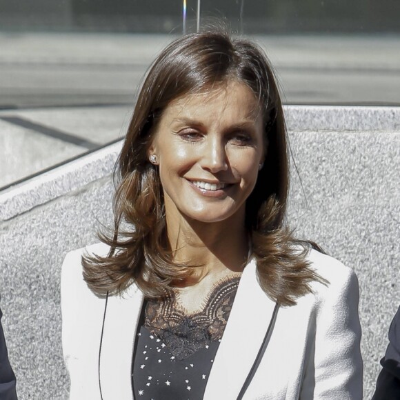 La reine Letizia d'Espagne lors d'une réunion de travail sur "l'intégration du handicap dans les médias" à la tour Ilunion à Madrid, le 10 septembre 2019.