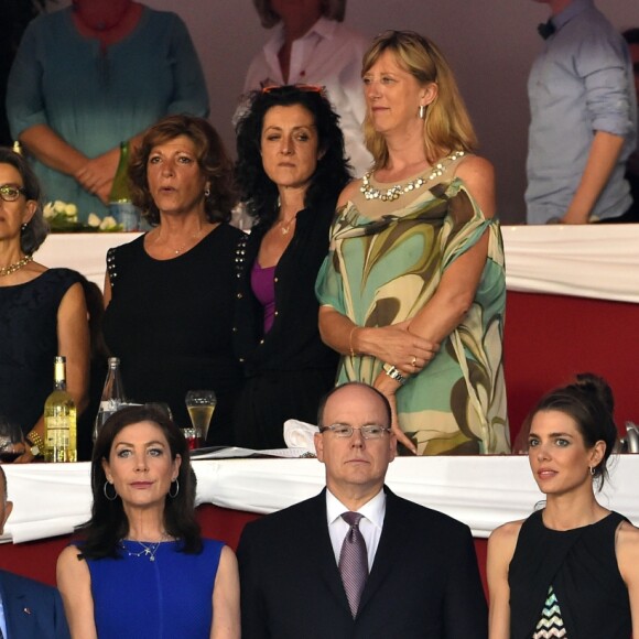 Virginie Coupérie-Eiffel, le prince Albert de Monaco, Charlotte Casiraghi, Gad Elmaleh, Thierry Rozier, l'entraîneur de Charlotte et la princesse Alexandra de Hanovre - Soirée de cloture du 20ème Jumping International de Monte-Carlo au Port Hercule de Monaco à Monte-Carlo, le 27 juin 2015.