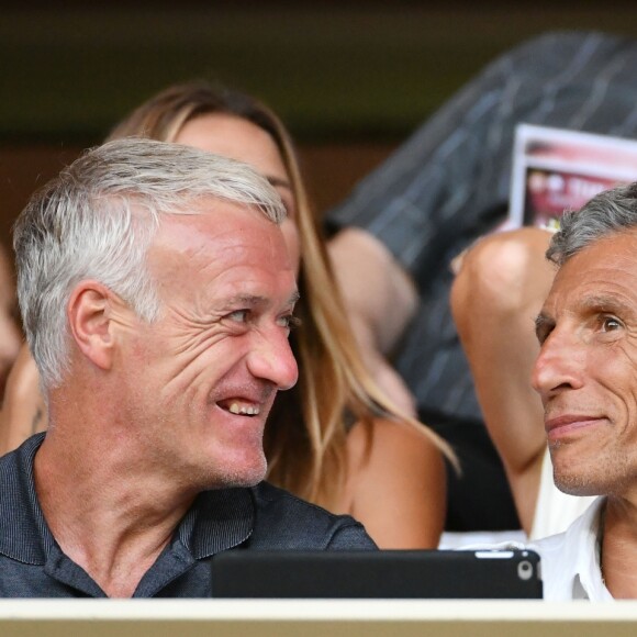 Didier Deschamps et Nagui durant le Match de football de Ligue 1 opposant Monaco à Lille au stade Louis II le 18 août 2018. Pour leur première rencontre à domicile de la saison 2018/2019, les monégasques n'ont obtenu qu'un match nul 0 - 0. © Bruno Bebert/Bestimage