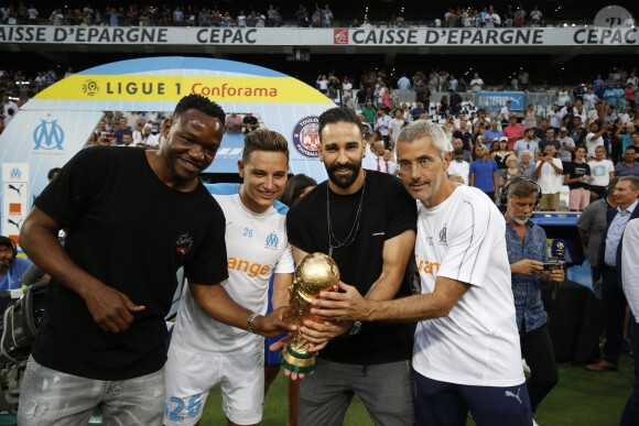 Steve Mandanda, Florian Thauvin, Adil Rami et Franck Le Gall - Match OM-Toulouse FC pour le lancement de la saison 2018/2019 du championnat de football de Ligue 1 au stade Vélodrome à Marseille. Le 10 août 2018.