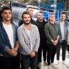 Exclusif - Pierre Fouyssac, Arthur Bonneval, Yoann Maestri, Clément Daguin, Ryan Chapuis, Jules Plisson, Sylvain Nicolas, Jean-Marc Doussain dédicacent le calendrier 2020 des Dieux du Stade aux Galeries Lafayette Champs-Élysées à Paris le 10 octobre 2019.