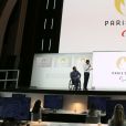 Présentation du logo des Jeux Olympiques et Paralympiques "Paris 2024" dévoilé au cinéma "Le Grand Rex" à Paris, le 21 octobre 2019. Dans le logo sont cachés différents symboles : la médaille, la flamme et Marianne.