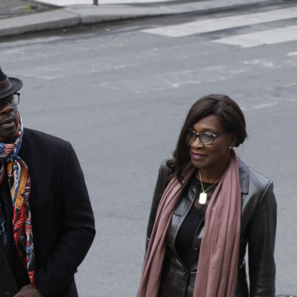 Lilian Thuram et sa compagne Kareen Guiock - Obsèques de l'acteur Jean-Michel Martial en l'église Saint-Roch à Paris le 23 octobre 2019. © Christophe Clovis/Bestimage