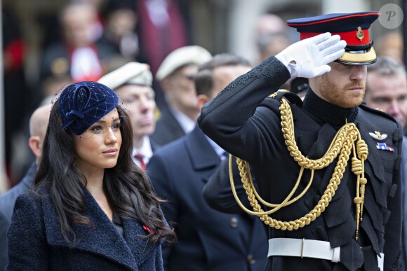 Le prince Harry, duc de Sussex, et Meghan Markle, duchesse de Sussex, assistent à une cérémonie d'hommage à tous ceux qui sont battus pour la Grande-Bretagne, à Westminster Abbey, le 7 novembre 2019, dans le cadre du 'Remembrance Day'.