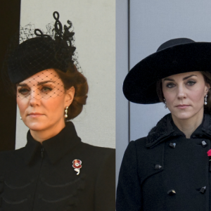 Kate Middleton avec les boucles d'oreilles en perles de la reine - Remembrance Sunday Service de Londres, en 2019 et en 2016.