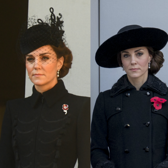 Kate Middleton avec les boucles d'oreilles en perles de la reine - Remembrance Sunday Service de Londres, en 2019 et en 2016.