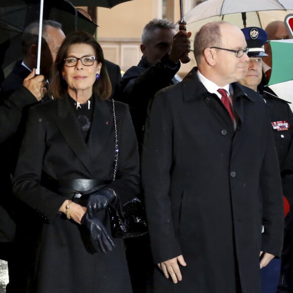 Exclusif - Le prince Albert II de Monaco, la princesse Caroline de Hanovre, Louis Ducruet - Cérémonie d'hommage à l'amitié Monaco - Etats-Unis à Monaco, le 18 novembre 2019. © Jean-François Ottonello / Nice Matin / Bestimage