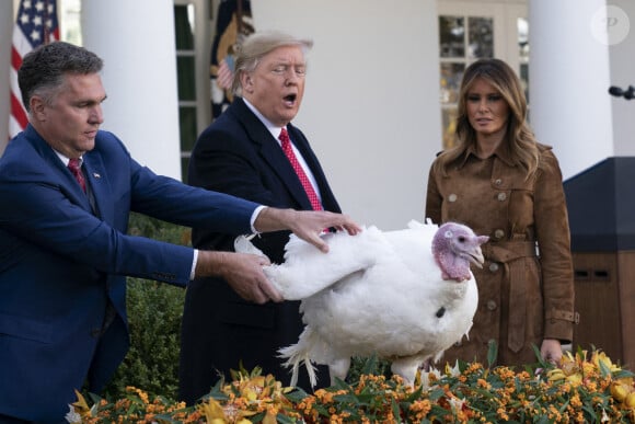 Le président Donald Trump et la première dame Melania présentent "Butter", la dinde nationale de Thanksgiving à la Maison Blanche à Washington le 26 novembre 2019.