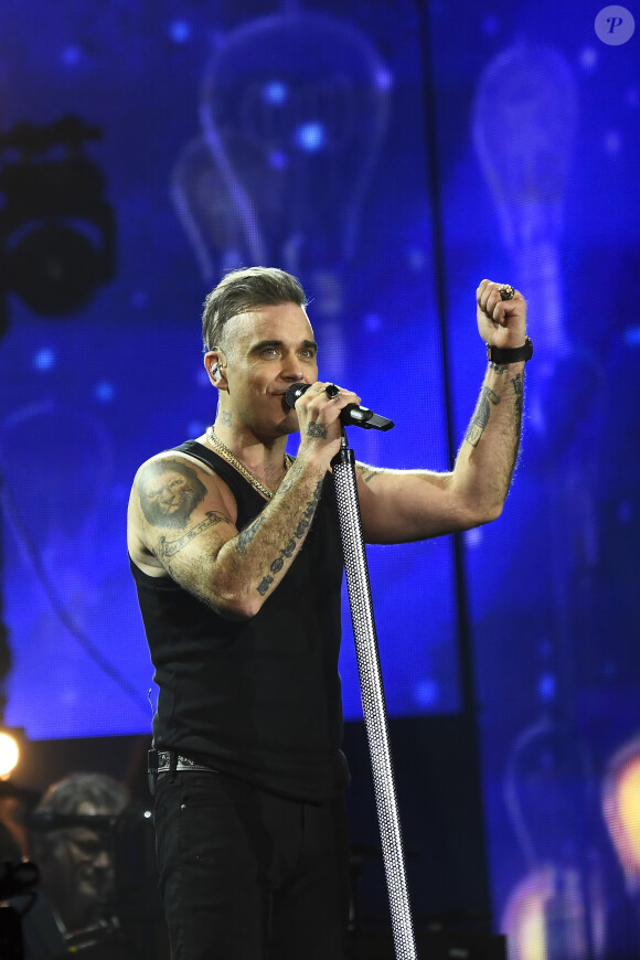Robbie Williams en concert lors du festival "British Summer Time Hyde Park" à Londres, le 14 juillet 2019.
