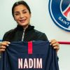 Nadia Nadim lorsqu'elle a annoncé prolongé son contrat avec le PSG le 9 juillet 2019.