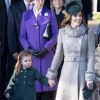 Catherine (Kate) Middleton, duchesse de Cambridge et la princesse Charlotte de Cambridge lors de la messe de Noël en l'église Sainte-Marie-Madeleine à Sandringham au Royaume-Uni, le 25 décembre 2019.