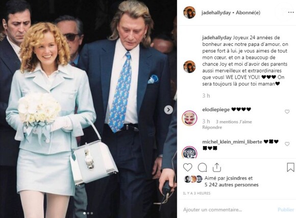 Jade Hallyday célèbre les 24 ans d'amour de ses parents Laeticia et Johnny Hallyday sur Instagram le 27 mars 2019.