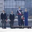 Le roi Felipe VI et la reine Letizia d'Espagne présidaient à la traditionnelle pâque militaire, premier rendez-vous officiel de l'année civile, le 6 janvier 2020 au palais royal, à Madrid.