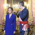 Le roi Felipe VI et la reine Letizia d'Espagne présidaient à la traditionnelle pâque militaire, premier rendez-vous officiel de l'année civile, le 6 janvier 2020 au palais royal, à Madrid.