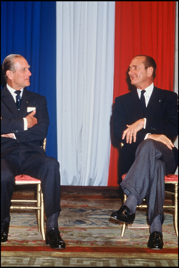 Le prince Philip en visite à Paris avec Jacques Chirac, en 1988.