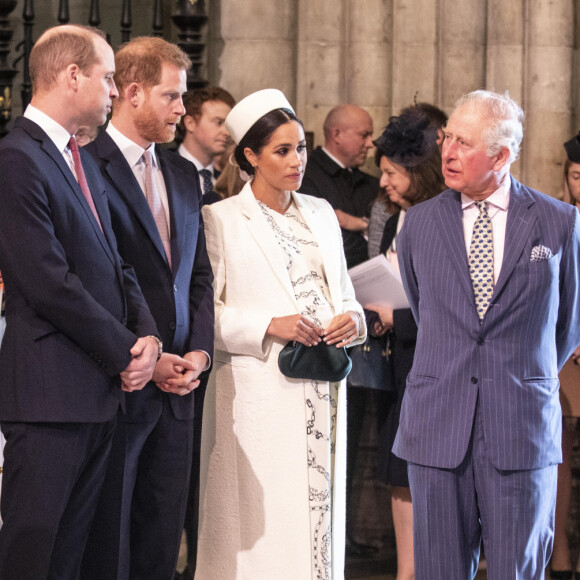 Catherine Kate Middleton, duchesse de Cambridge, le prince William, duc de Cambridge, le prince Harry, duc de Sussex, Meghan Markle, enceinte, duchesse de Sussex, le prince Charles, prince de Galles lors de la messe en l'honneur de la journée du Commonwealth à l'abbaye de Westminster à Londres le 11 mars 2019.