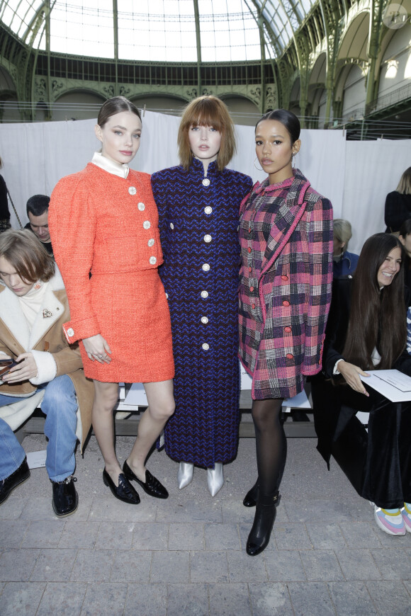 Kristine Froseth, Ellie Bamber et Taylor Russell assistent au premier défilé Chanel, collection Haute Couture printemps-été 2020, au Grand Palais. Paris, le 21 janvier 2020. © Olivier Borde / BestImage