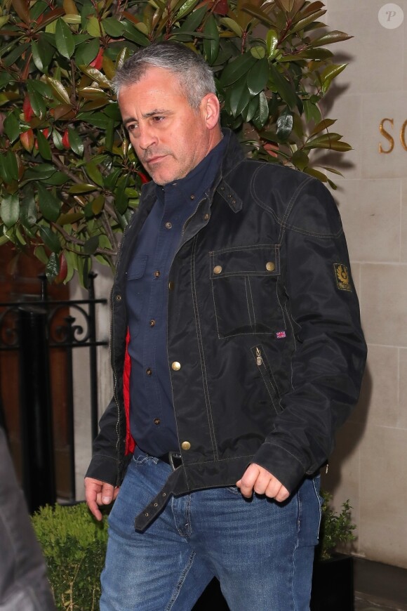 Matt LeBlanc et sa compagne Aurora Mulligan à la sortie du restaurant Scott's avec une mystérieuse inconnue à Londres, Royaume Uni, le 23 avril 2018.