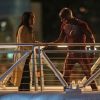 Grant "The Flash" Gustin, Tom "Reverse Flash" Cavanaugh, Candice "Iris" Patton & Rick "Eddie" Cosnett tournent une scène à Olympic Village, à Vancouver. Le 4 mars 2015. @GSI/ABACAPRESS.COM