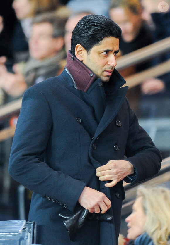 Nasser Al-Khelaifi dans les gradins lors du match Paris Saint-Germain contre Girondins de Bordeaux au Parc des Princes à Paris, le 21 janvier 2015 