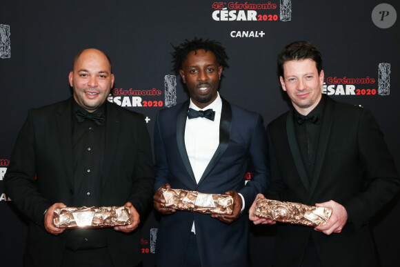 Toufik Ayadi, Ladj Ly, Christophe Barral (César du meilleur film et César du Public pour " Les Misérables) dans la press room de la 45ème cérémonie des César à la Salle Pleyel à Paris le 28 février 2020. © Dominique Jacovides / Olivier Borde / Bestimage