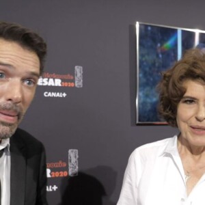 Nicolas Bedos et Fanny Ardant, césarisés, en interview pour "Purepeople.com" lors de la 45e cérémonie des César, à la salle Pleyel le 28 février 2020.