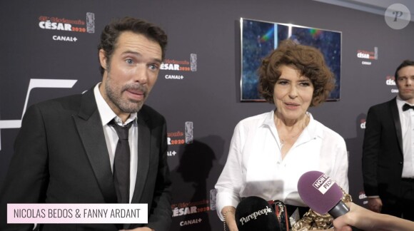 Nicolas Bedos et Fanny Ardant, césarisés, en interview pour "Purepeople.com" lors de la 45e cérémonie des César, à la salle Pleyel le 28 février 2020.