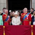Camilla Parker Bowles, duchesse de Cornouailles, le prince Charles, prince de Galles, la reine Elisabeth II d'Angleterre, le prince Andrew, duc d'York, le prince Harry, duc de Sussex, et Meghan Markle, duchesse de Sussex - La famille royale au balcon du palais de Buckingham lors de la parade Trooping the Colour 2019, célébrant le 93ème anniversaire de la reine Elisabeth II, Londres, le 8 juin 2019.
