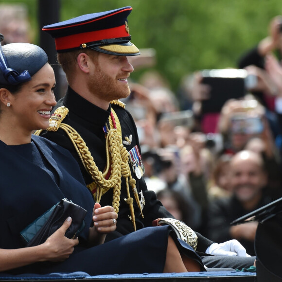 Le prince Harry, duc de Sussex, et Meghan Markle, duchesse de Sussex, première apparition publique de la duchesse depuis la naissance du bébé royal Archie lors de la parade Trooping the Colour 2019, célébrant le 93ème anniversaire de la reine Elisabeth II, au palais de Buckingham, Londres, le 8 juin 2019.