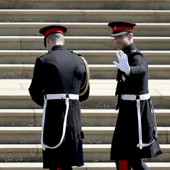 Les princes Harry et William arrivent à la chapelle St. George au château de Windsor - Mariage du prince Harry et de Meghan Markle au château de Windsor, Royaume Uni, le 19 mai 2018.