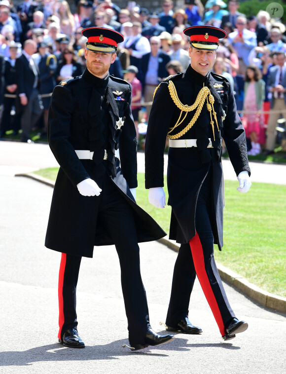 Les princes Harry et William arrivent à la chapelle St. George au château de Windsor - Mariage du prince Harry et de Meghan Markle au château de Windsor, Royaume Uni, le 19 mai 2018.