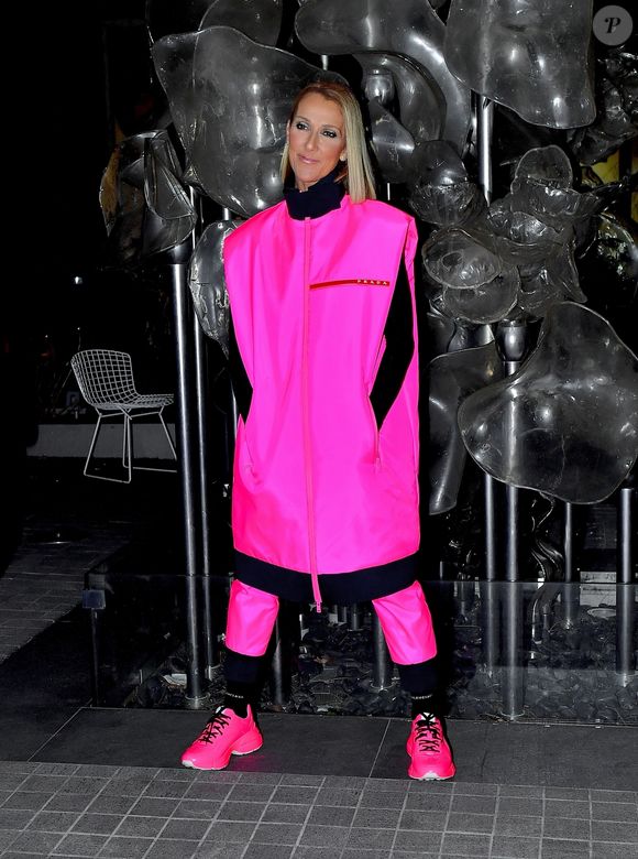 Céline Dion, habillée en veste et pantalon Prada, prend la pose pour les photographes après son show au Barclay's Center. Brooklyn, New York, le 5 mars 2020.