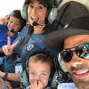Tony Parker avec sa femme Axelle Francine et leurs deux fils Josh et Liam lors d'un vol en hélicoptère à la station Villars de Lans, le 26 juillet 2019.