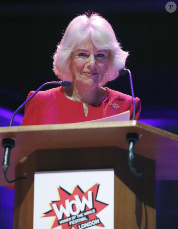 Camilla Parker Bowles, duchesse de Cornouailles, lors de son discours d'ouverture du WOW, le festival Women of the World à Londres le 6 mars 2020.