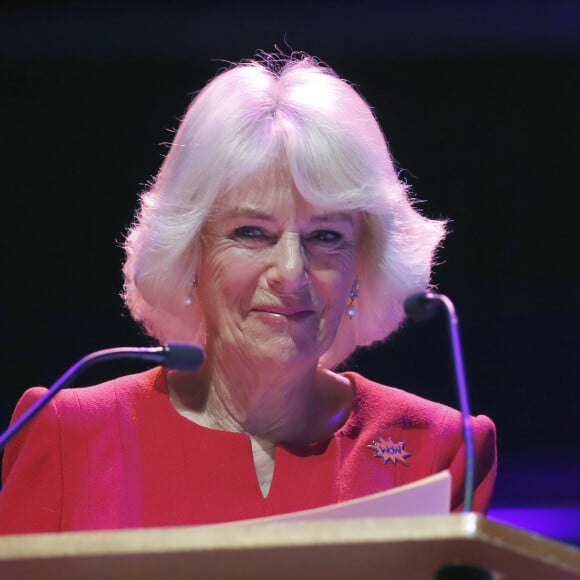 Camilla Parker Bowles, duchesse de Cornouailles, lors de son discours d'ouverture du WOW, le festival Women of the World à Londres le 6 mars 2020.